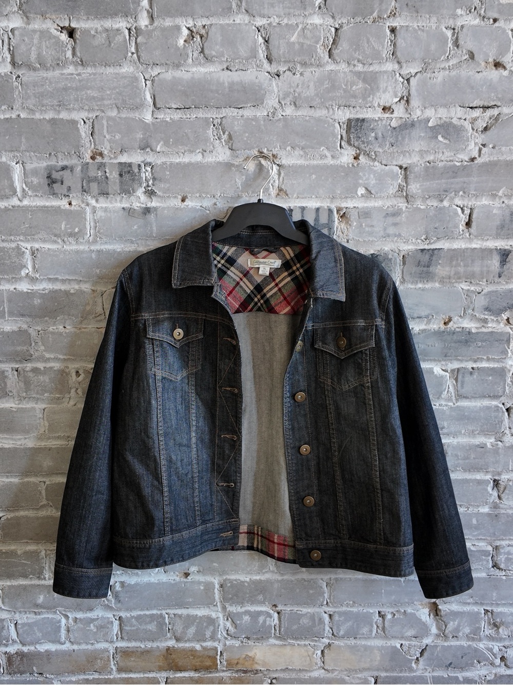 Coldwater Creek Plaid Lined Dark Wash Denim Jacket Petite Large PL